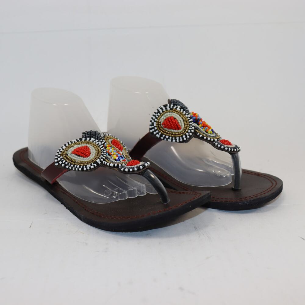 Handmade Beaded Leather Sandals Tribal Boho Flip Flops EU 41 US 10.5–11‎